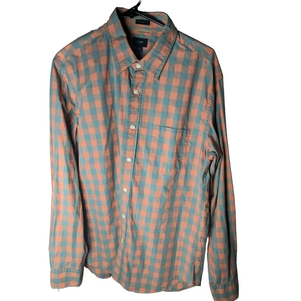 J Crew L button down plaid Shirt Mens Pinkish Blue Button Up Long Sleeve